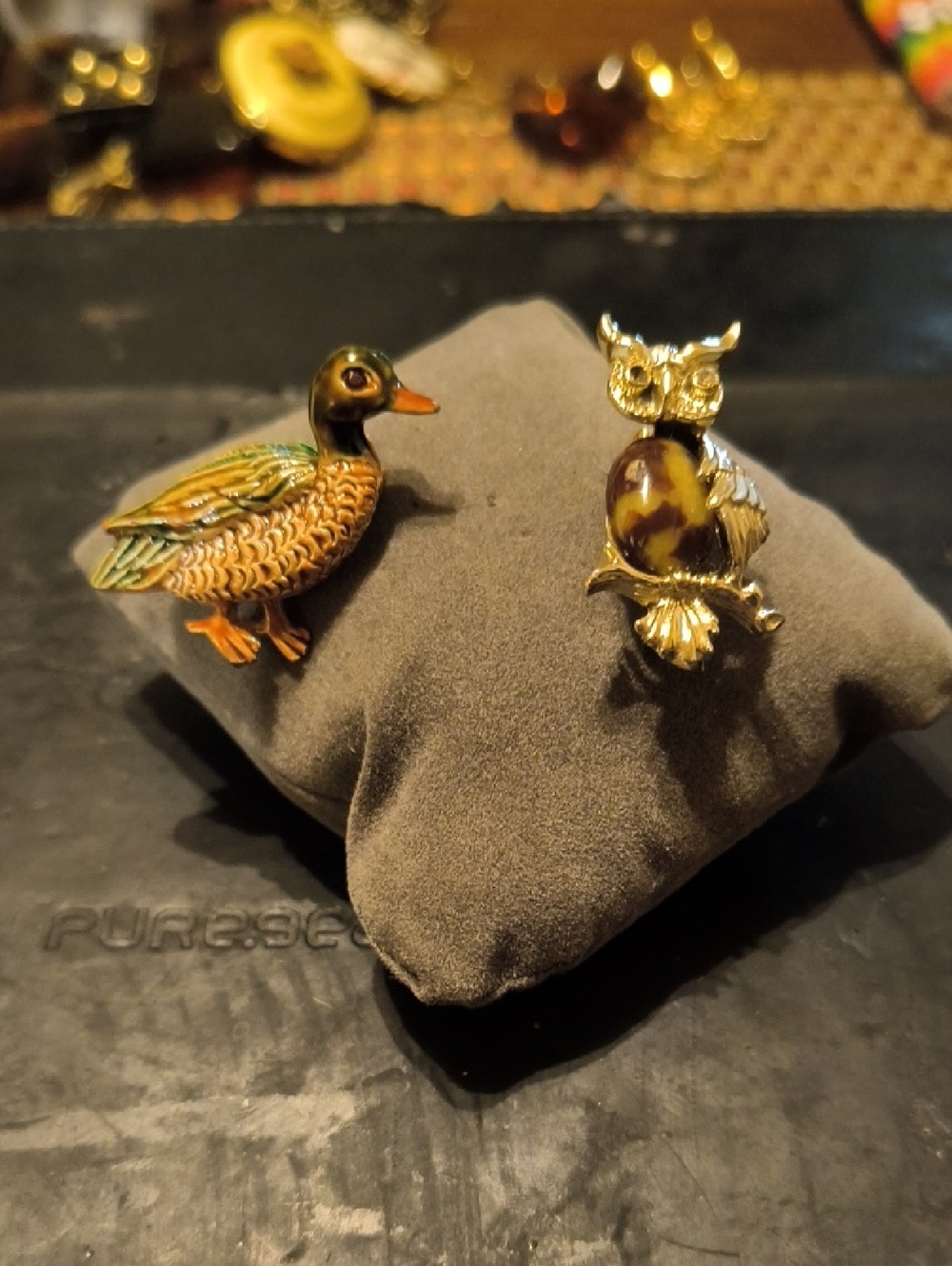 Duck and Owl Brooch Duo in Brown & Gold - Elegant Animal Pin Set